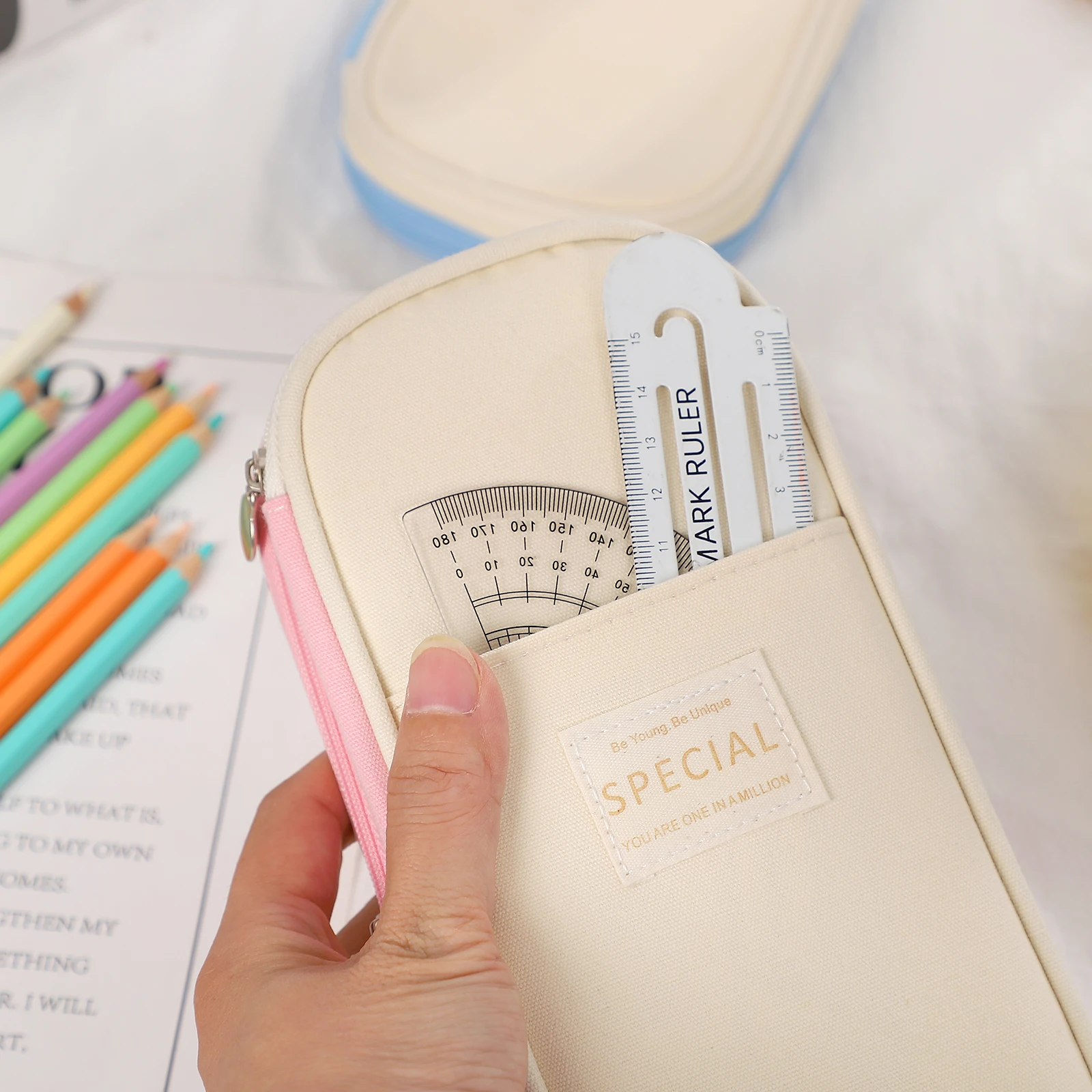 Multifunction Macaron Color Large Capacity Zipper Pencil Case Simple School Office Storage Canvas Pencil Bag Stationery Supplies