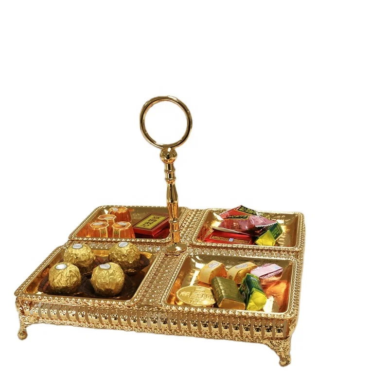 Arabic Decoration Luxury Gold Plated Metal Iron Candy Dry Fruit Snacks Dishes Compartment Serving Tray Ramadan Eid festival