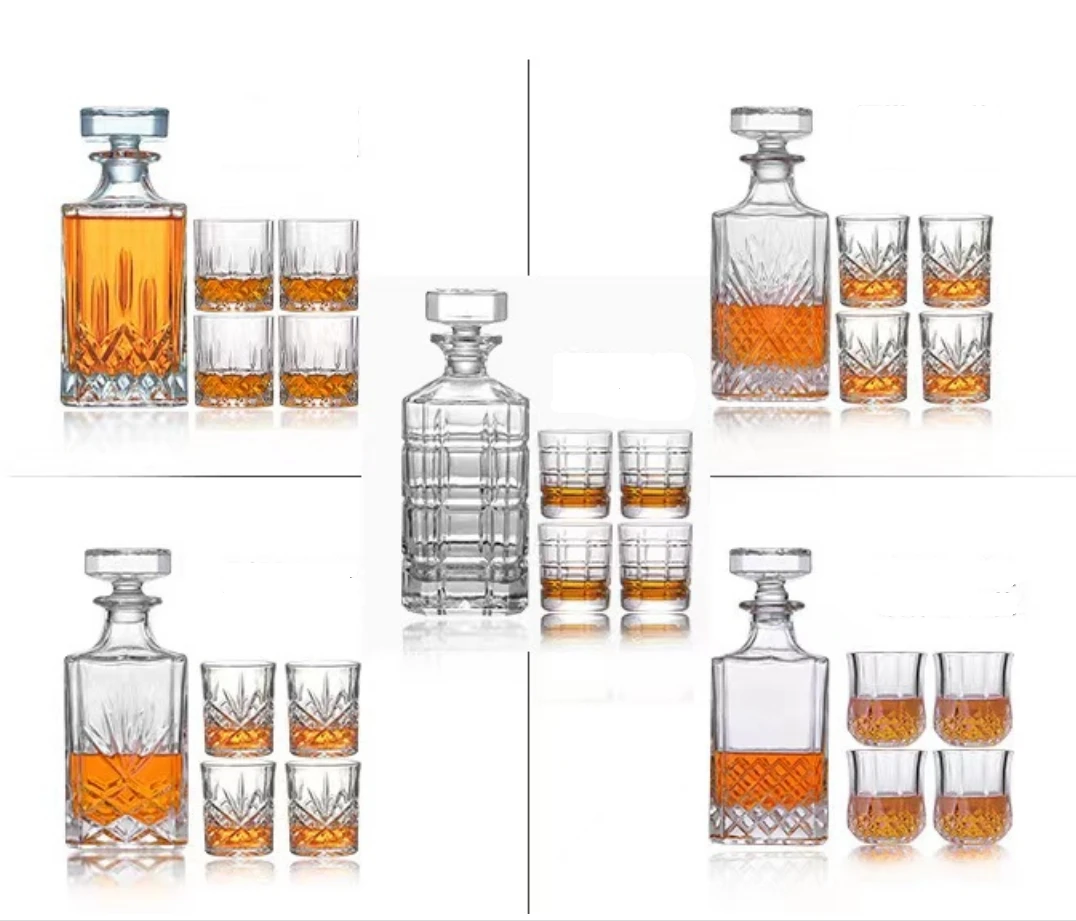2024 Amaz Hot Sale 3/5/7-Piece 5-piece In Stock Square Crystal Glass Whiskey Decanter And Glass Set