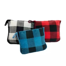 Wholesale coral fleece plaid and solid color 2 in 1 portable blanket and pillow travel throw blanket set for trip