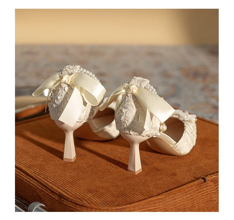 High Heel Wedding Shoes for Women High Quality Handmade Sandals Pearl Bowknot Bridal Shoes Hollow Out Bridesmaid Shoes