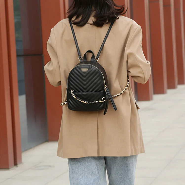 AZB197- Soft Pu Striped Chain Diamond Quilted TAX FREE Myanmar Made Ladies Backpack Pu Leather Korean Style Backpack for Girls