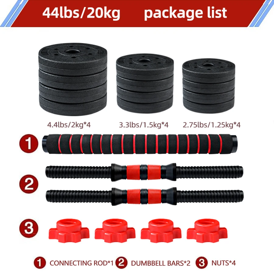 Fitness Workout Equipment for Women and Men Non-slip Handles Home Gym Training 44lbs Adjustable Free Weight Dumbbell Barbell Set