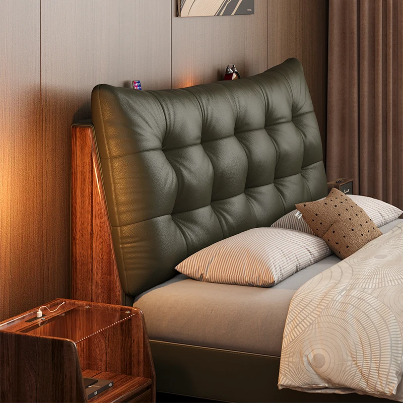 Modern Striped Ebony Double Bed With Solid Leather Headboard Soft Cowhide Tenon Structure Bunk Bed Style