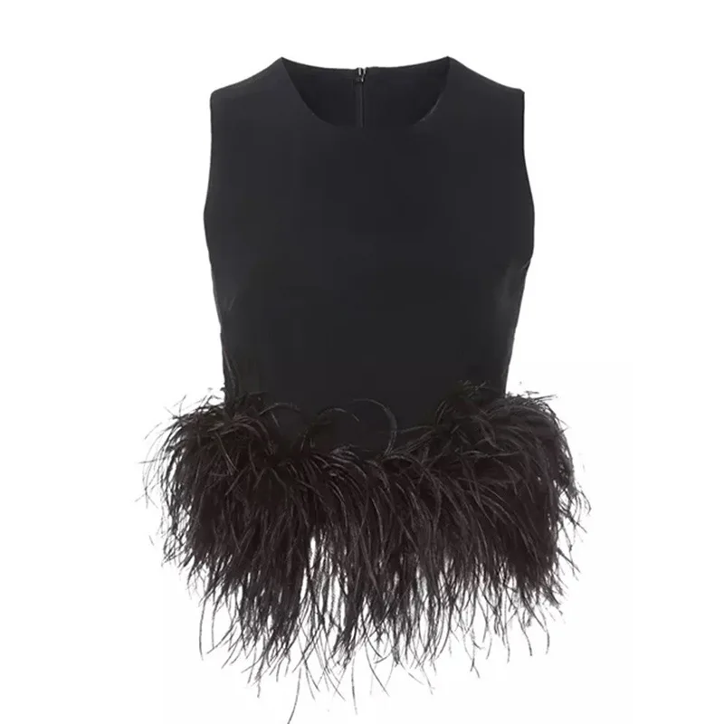 Round Collar Sleeveless Simple Style Vest Top with Detachable Feathers