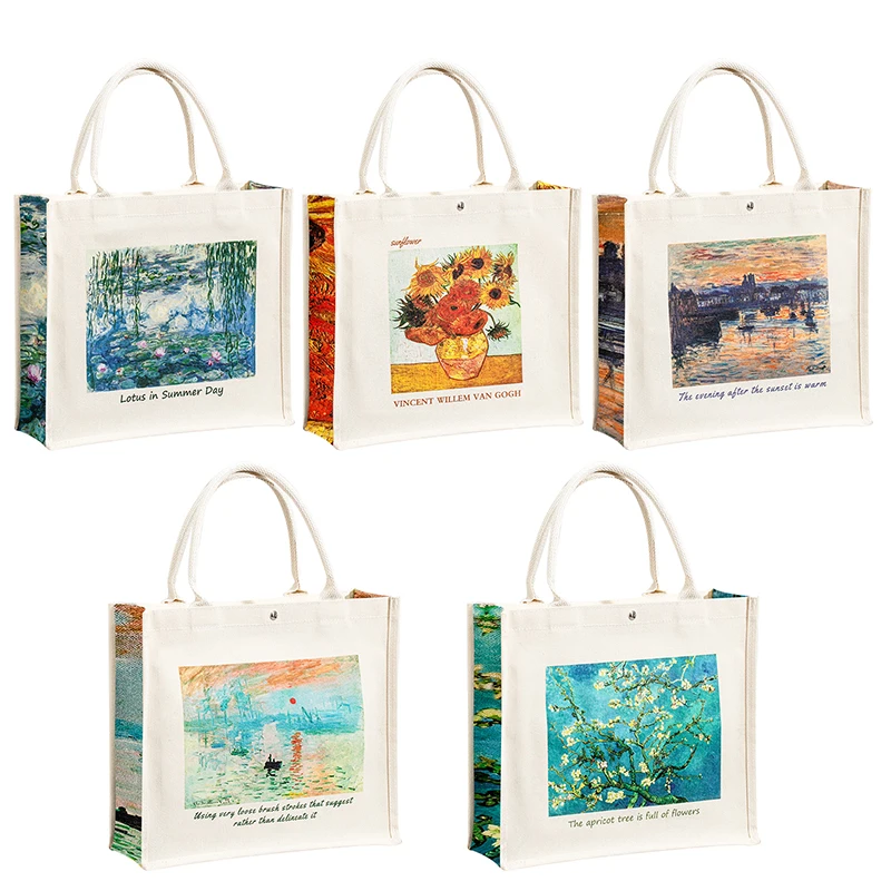 Wholesale Recyclable Canvas Handbags Pattern Printed Tote Bags Custom Waterproof Canvas Fabric Shopping Bag with logo