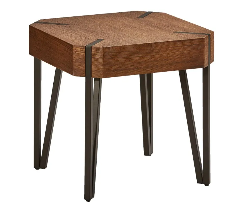 A contemporary brown solid wood square side table adds an elegantly placed balcony and garden to the living room