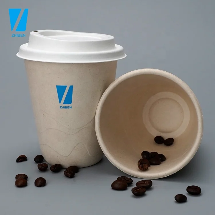 Zhiben eco flat compostable cold drink bamboo pulp paper Black Coffee embossed logo paper cup with lid