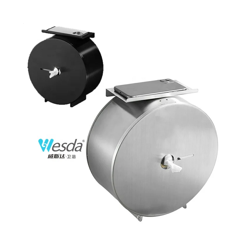 WESDA Public Bathroom Lockable Wall Mount Stainless Steel Roll Tissue Holder Commercial Jumbo Toilet Paper Dispenser with Shelf