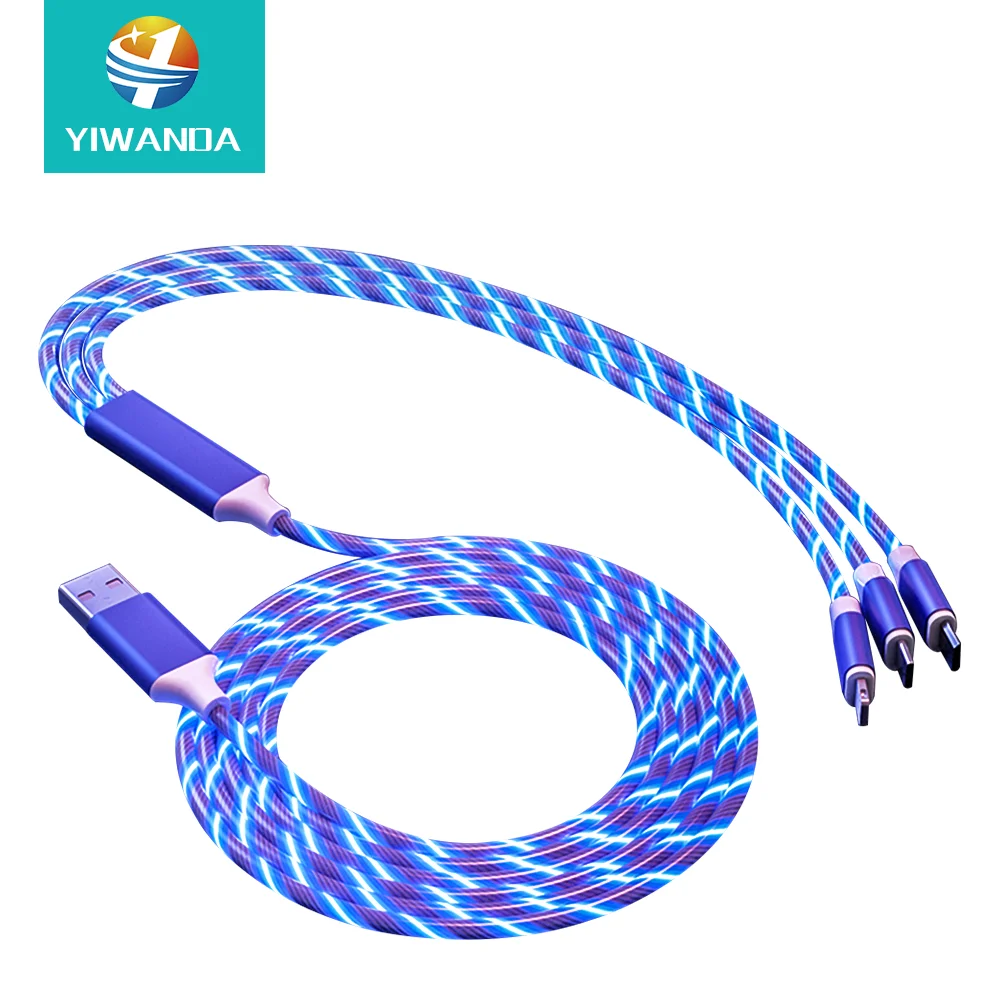 3 in 1 LED Glow Flowing Charger usb led cable Micro USB Type C 8 Pin Charging for iPhone all in one Cable