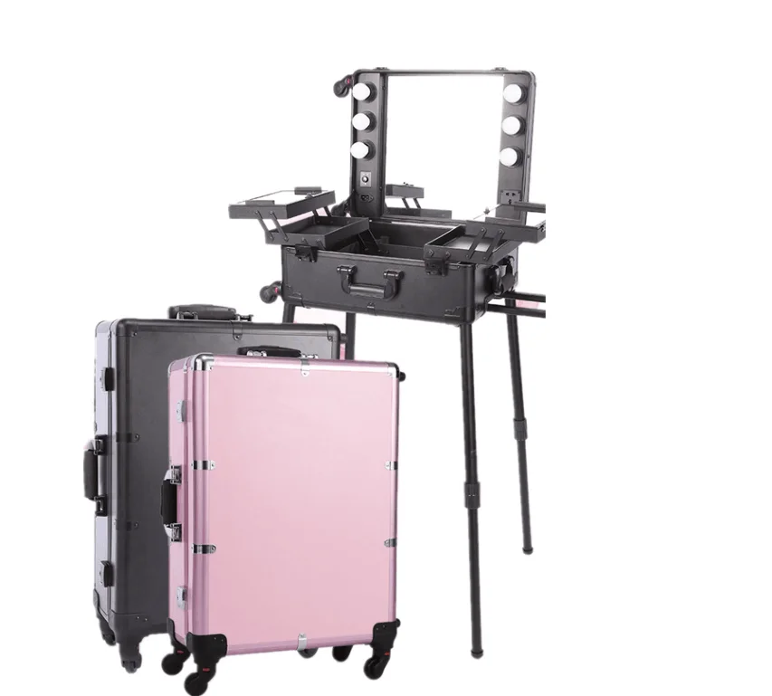 Aluminium trolley cosmetic case with lights mirror and stands, Makeup aritist hairdressing beauty trolley case