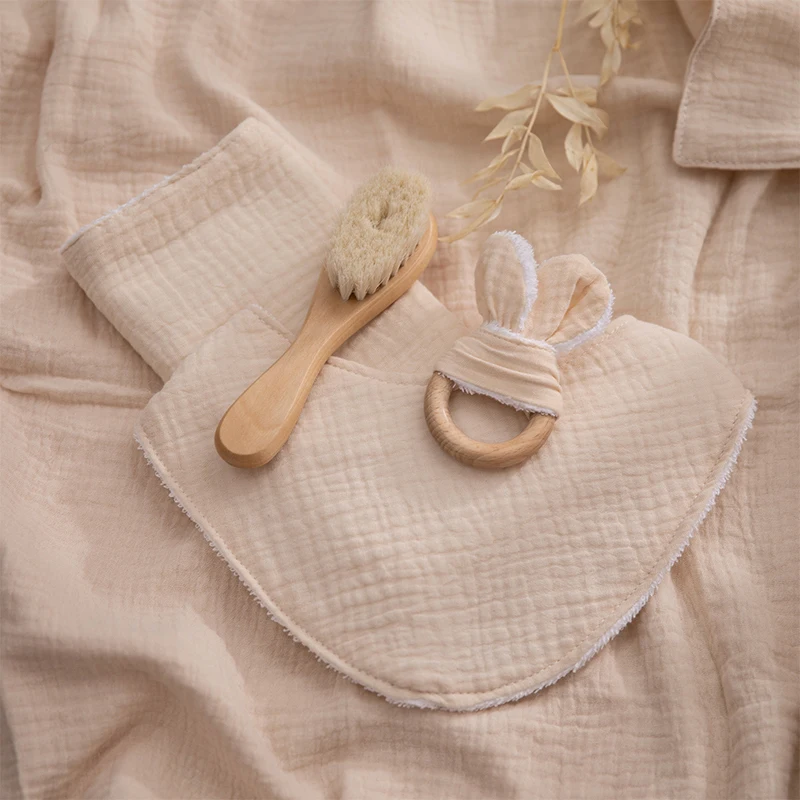 100% Cotton Baby Bib Burp Rattle Brush Newborn Gift Product Set