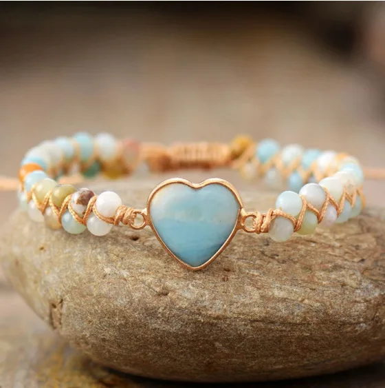 Natural Stone Heart Charm Bracelets String Braided Macrame Bracelets Jasper Friendship Wrap Bracelet Female Women Jewelry