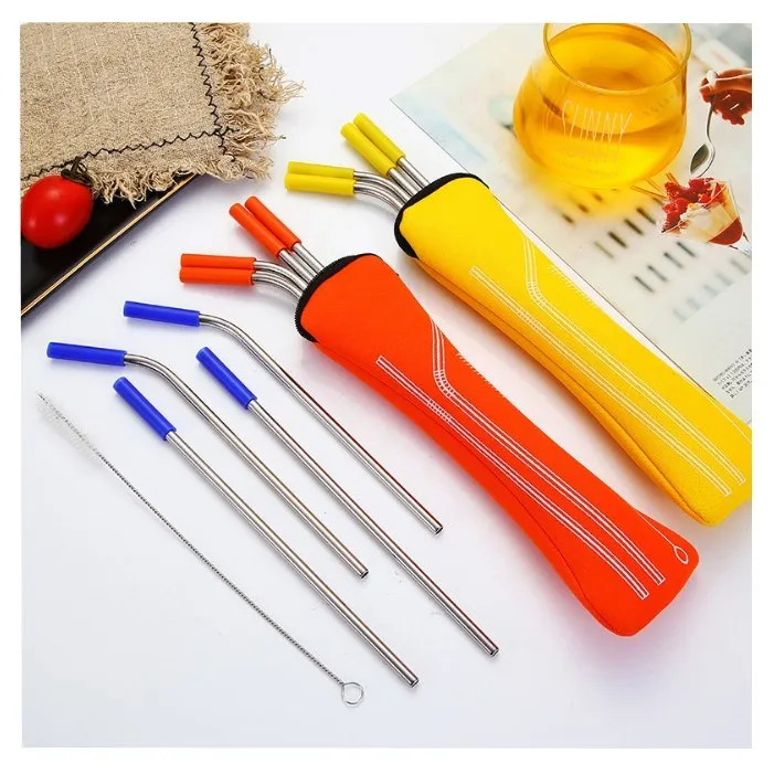 Reusable stainless steel straw with cleaner brush and travel bags