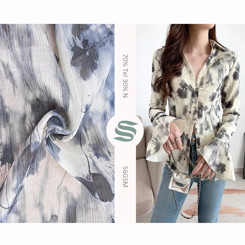 Manufacturer 70% lyocell 30% nylon  woven crepe fabric custom digital printing breathable soft hand feel for women shirts