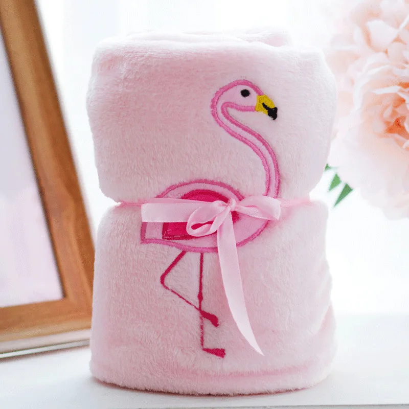 Low Price Cute 3D embroidered flamingo Cartoon Animal Baby Blanket Knitted Cheap Napping Blanket Flannel Coral Fleece Blanket