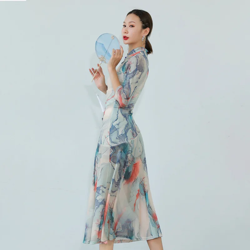 Wholesale New Chinoiserie colored ink wash high split Oriental belly dance performance cheongsam dress