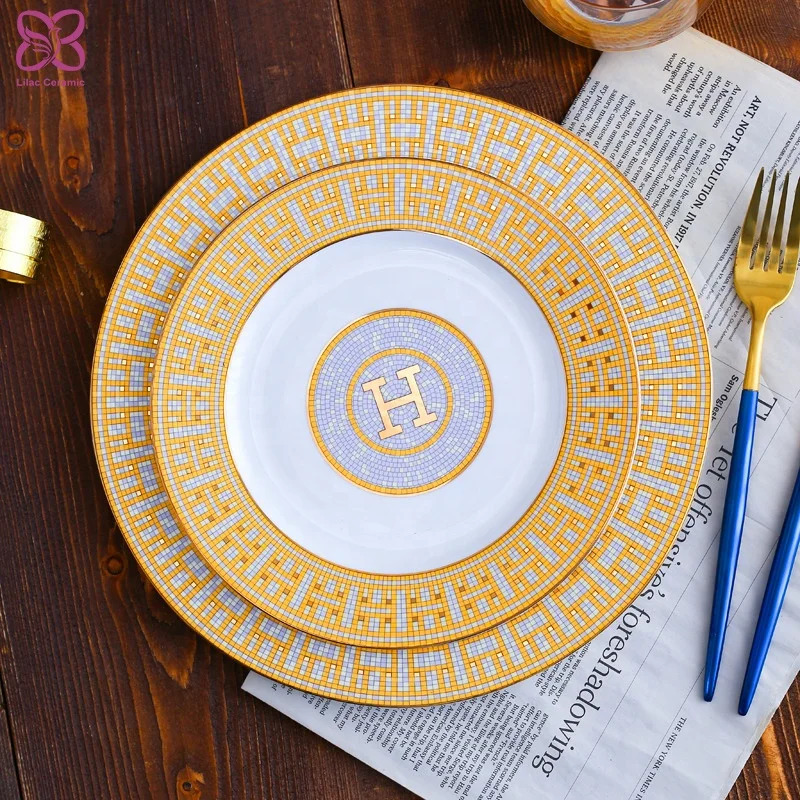 Luxury H Bone china Gold Plate Porcelain for Wedding Restaurant Vintage Ceramic Charger Plate