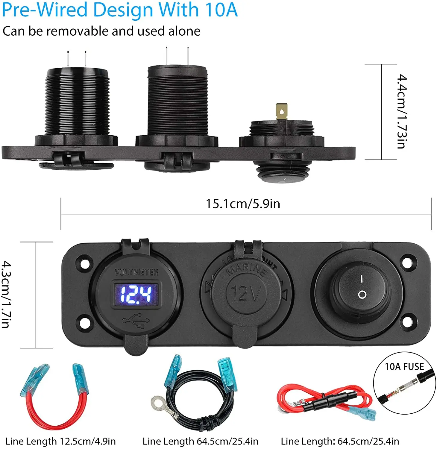 QC 3.0  Dual USB Car Socket + LED Digital Voltmeter+ Cigarette Lighter Socket Splitter + LED Lighted ON Off Rocker switch