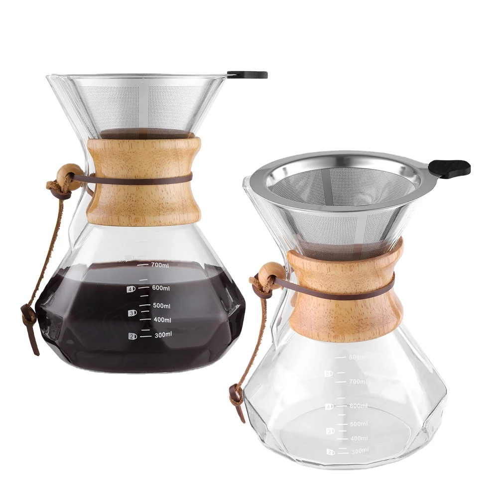 Emode Factory Price Custom Logo 800ml Borosilicone Glass Coffee Double Layer Mesh Filter Pot With Wooden Collar