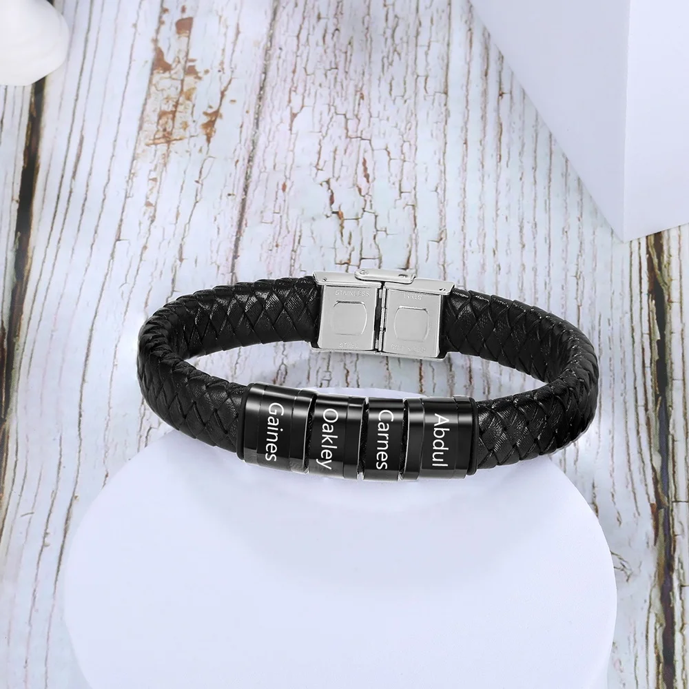 custom logo black color mens leather bracelet cool fashion printed magnetic clap & snap bracelets