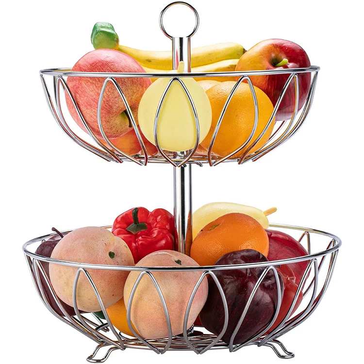 Sturdy Portable 2 Tiers Fruit Bowl Iron Wire Vegetable Basket With Stable Base Countertop Tabletop