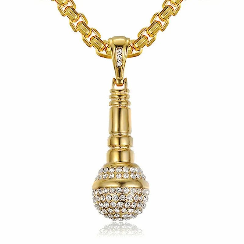 Hip Hop Zinc Alloy Gold-Plated Inlaid Diamond Studded Microphone Pendant Necklace For Women