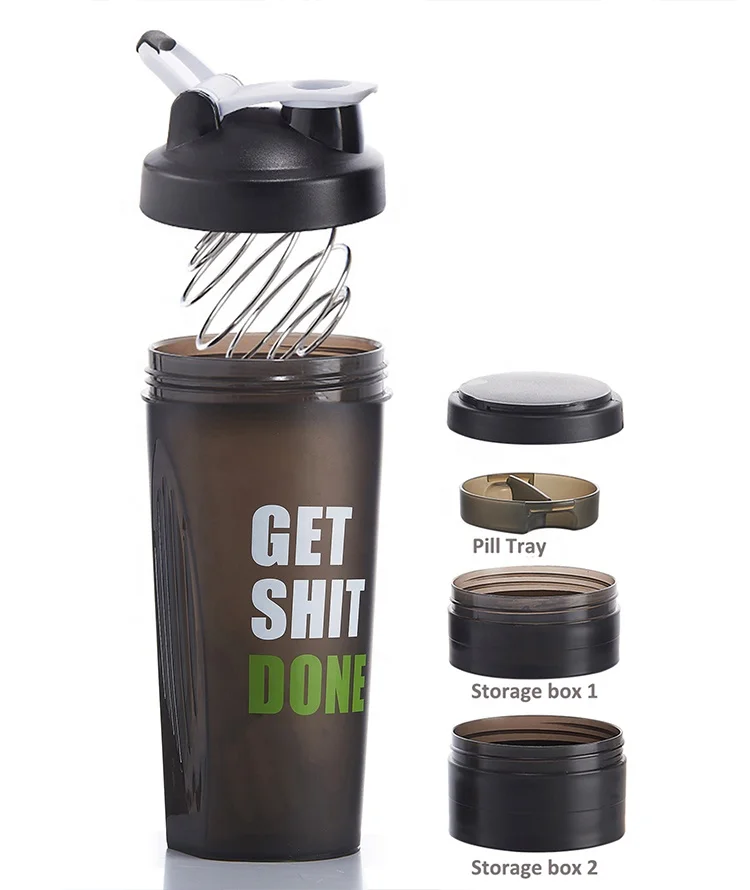 2023 Custom Logo Bpa Free 500ml Black Three Layers Plastic Gym Fitness Protein Shaker Bottle Sport Water Bottle with Tick Marker