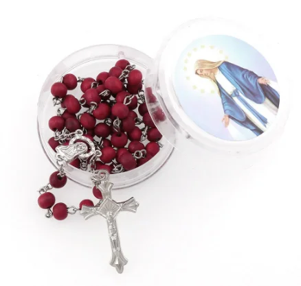 2024 6mm Rose Fragrance Wooden Bead Holy cross pendant  Rosaries Necklace With Silver Cross Maria Center Rosary religious jewelry