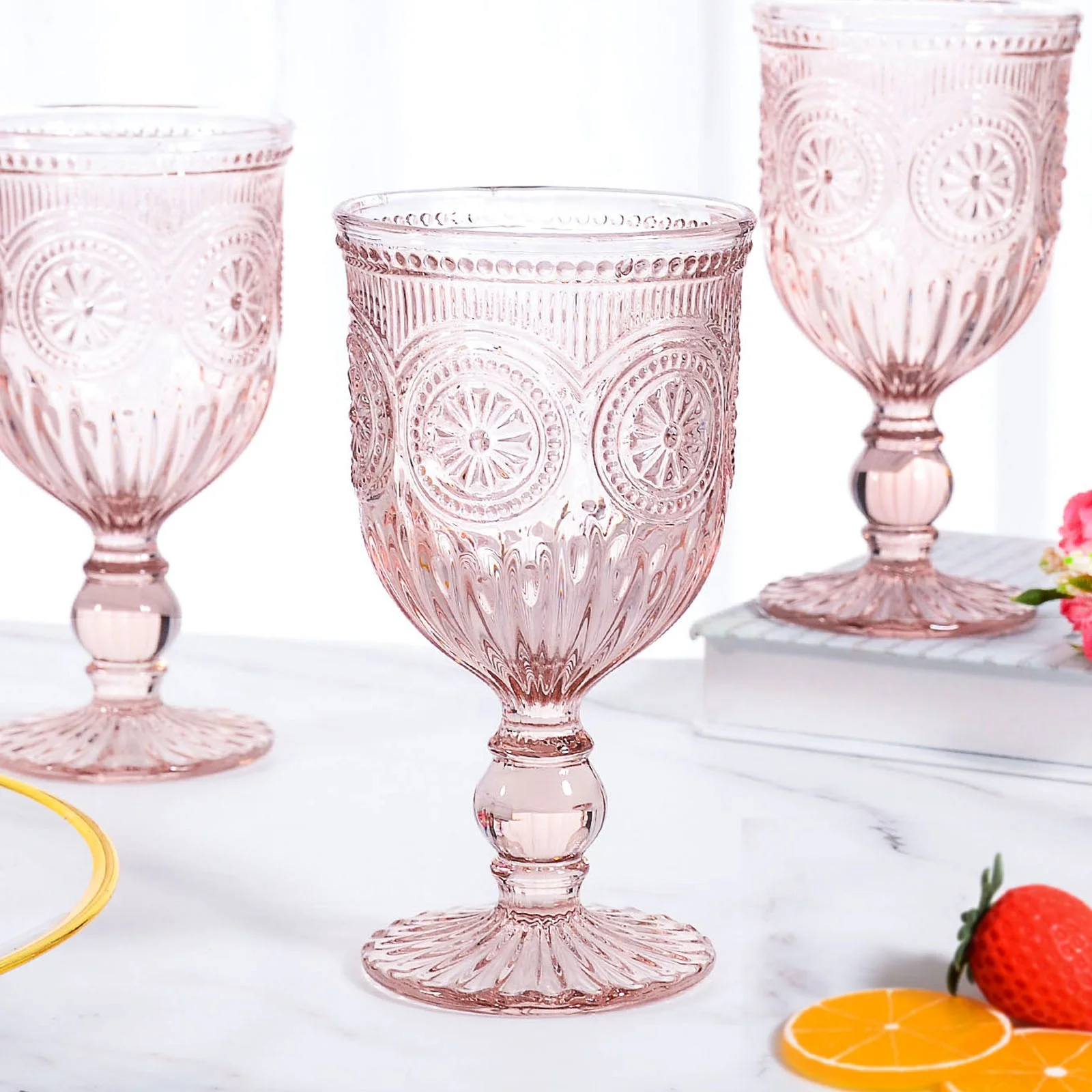 Mexico Style 550ml Pressed Sunflower pink Colored Vintage Embossed Red Wine Goblet Glasses Set