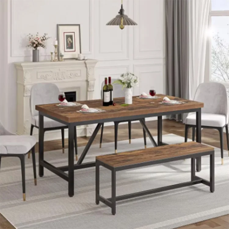 Kitchen Dining Table Set For 4 Space-Saving Dinette Table Set With 2 Benches Dining Room Table Set With Metal Frame Board
