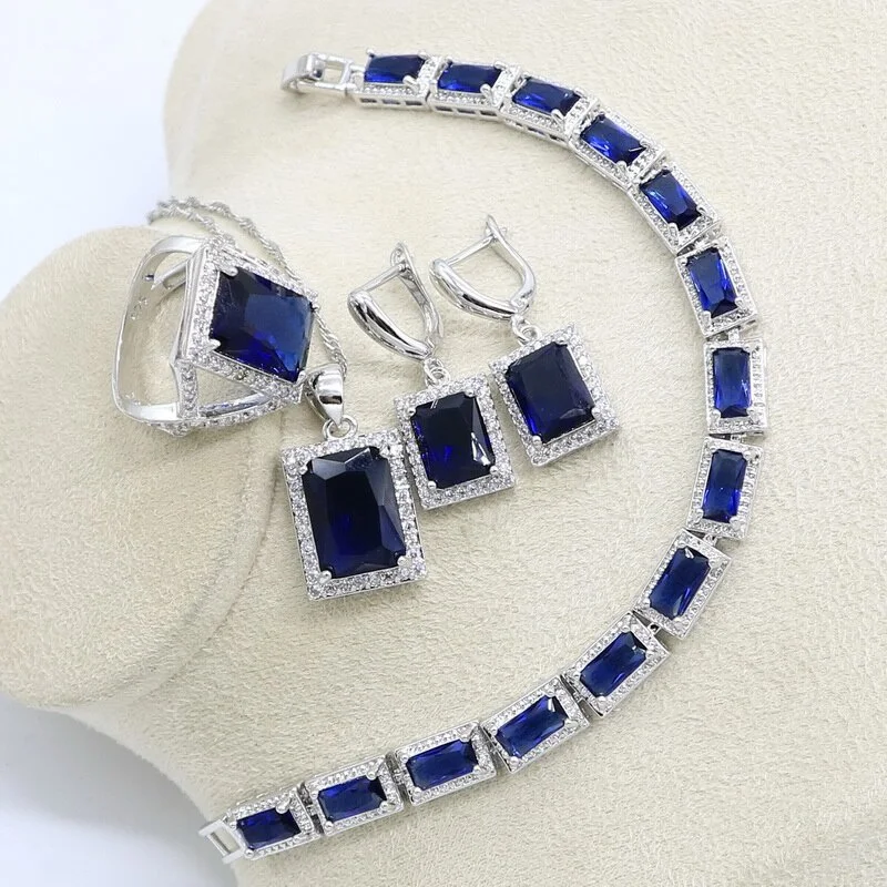 For Women Square Blue Sapphire silver jewelry wholesale Rings Bracelets Earrings Pendant Necklace custom jewelry sets