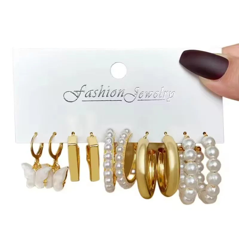 Women Fashion Imitation Pearl Gold Hoop Butterfly Earring Unique Stainless Steel Earrings