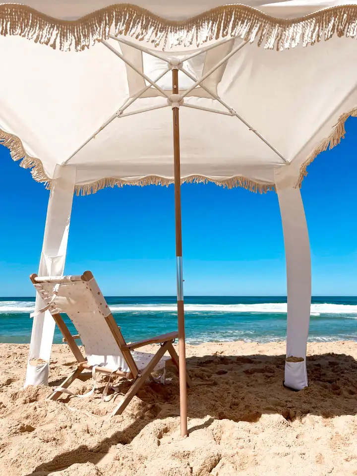 Portable Wooden Pole Cool Beach Umbrella Cabana Tents Outdoor Premium Fringe Canvas Sun Shelter Beach Shade Cabana With Tassels