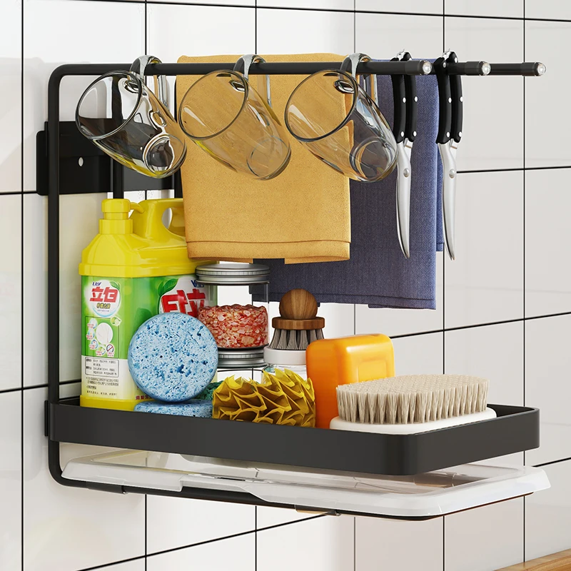 Wall Mount Countertop Stainless Steel Kitchen Sponge Holder Hanging Sink Caddy Organizer with Drain Pan Adhesive Brush Soap