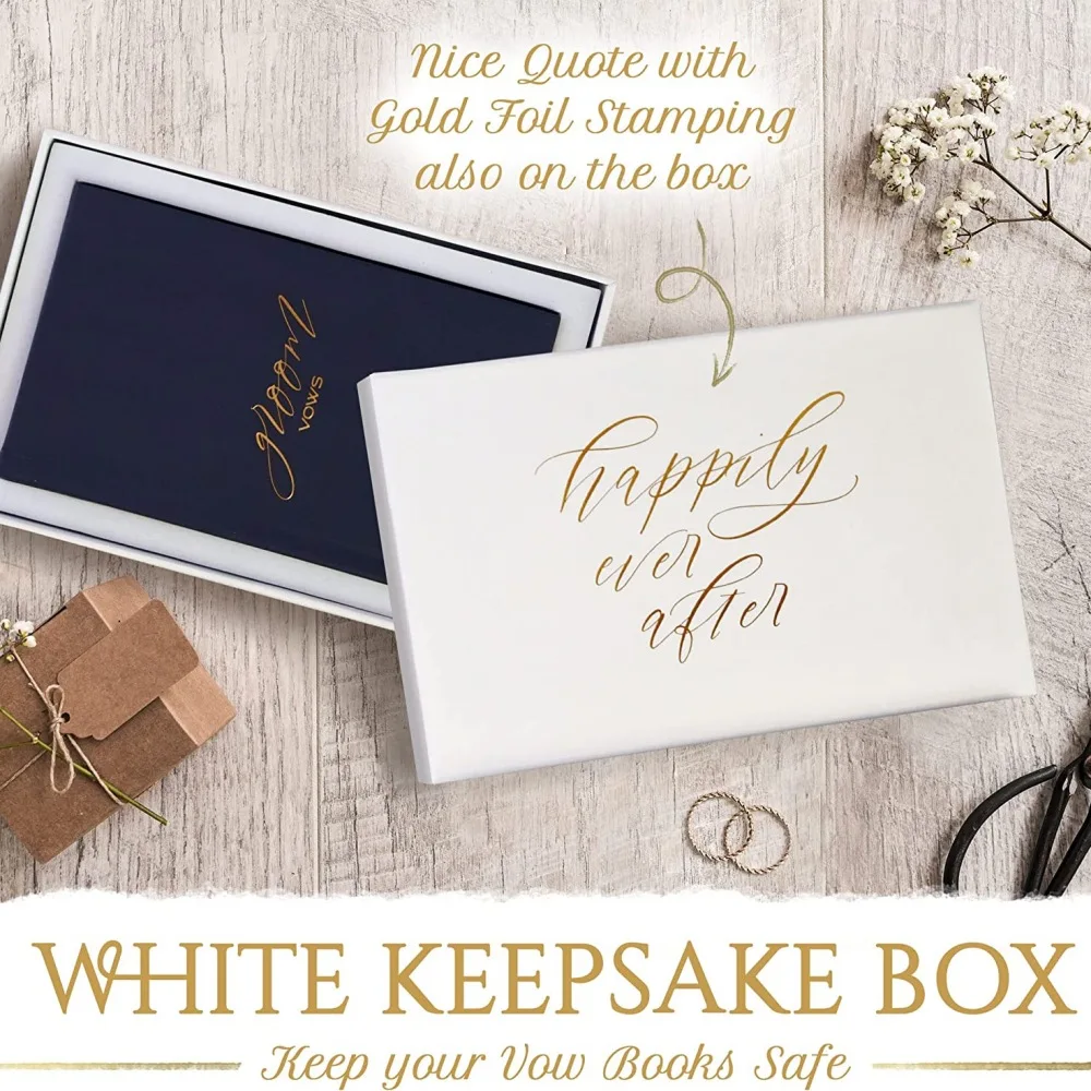 White Navy Cover Book Keepsake Box Gold-foil Lettering Wedding Bride Groom Vow Books