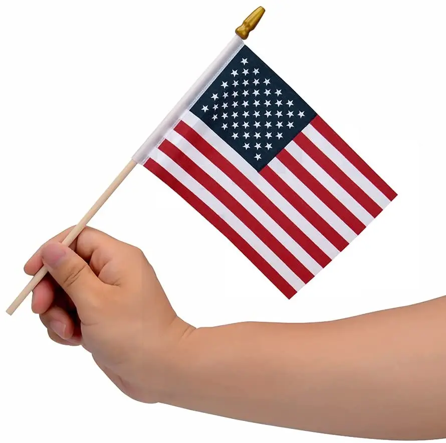 Polyester material Full Color 12 Pack Small American Flags 4x6 Inch US American Hand Held Stick Flags Kid-Safe Spear Top