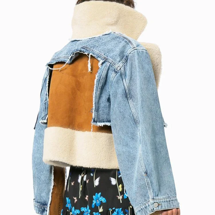 Hot Sale Lamb fur suede collar spliced faux shearling fur lining parkas contract color female fur denim jacket women winter coat