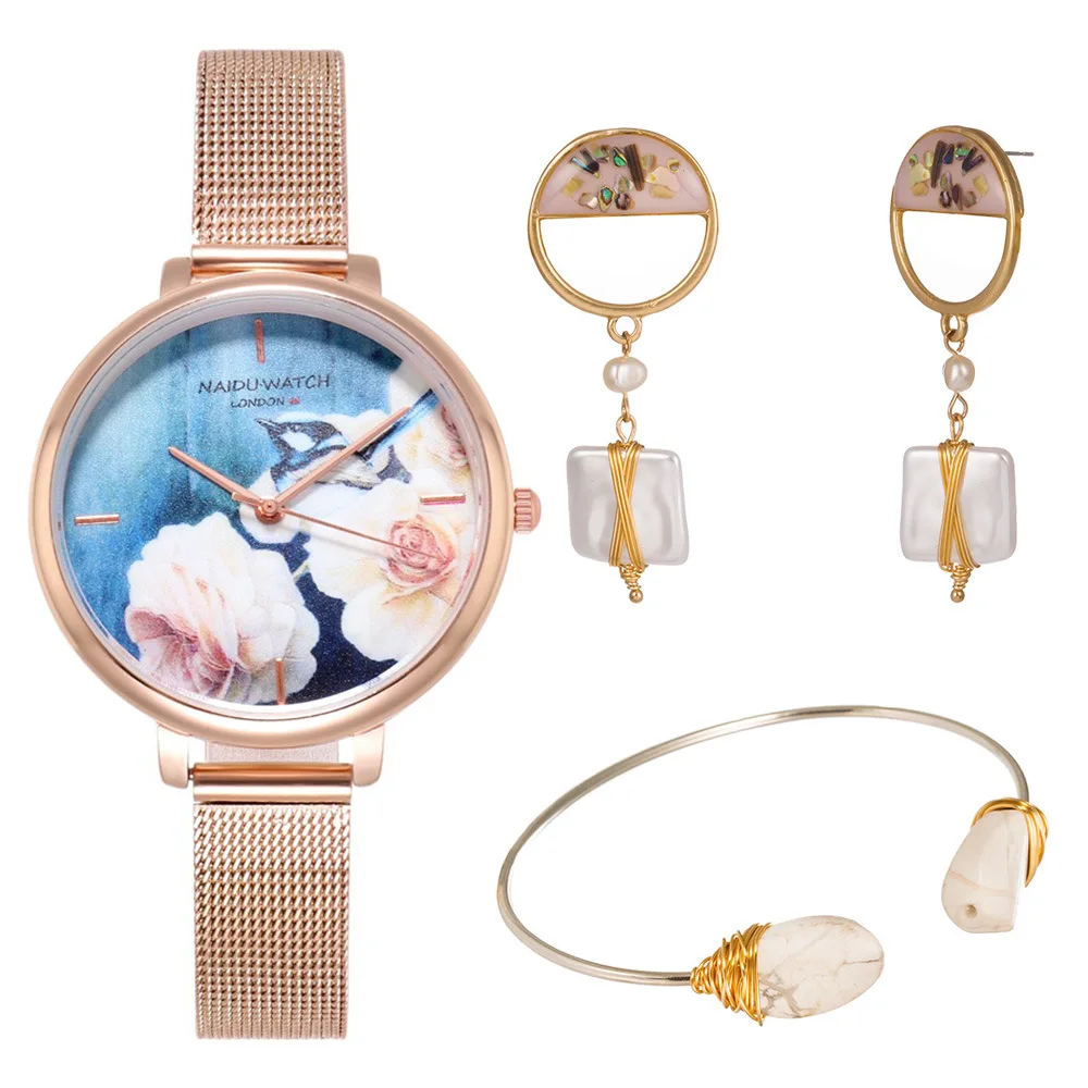 XSVO A06736 Fashion Women Watch Combination Set Trend Printing Mesh Strap Earrings Bracelet Jewelry Set 2022 Hot Sale Watch Set