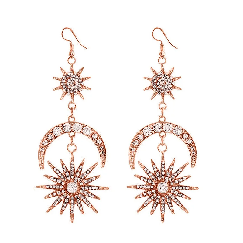 Luxury Baroque Wedding Bridal Headpiece Tiara Crown Exaggerated Sun Moon Star Goddess Rhinestone Headband Drop Earrings Set