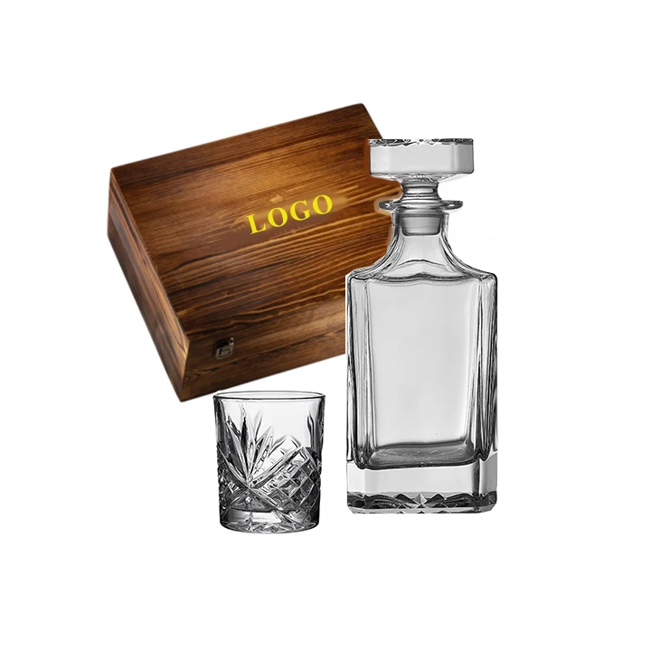 Factory Hot 750ml Wholesale Logo Custom Crystal Glass Whiskey Decanter Wooden Box