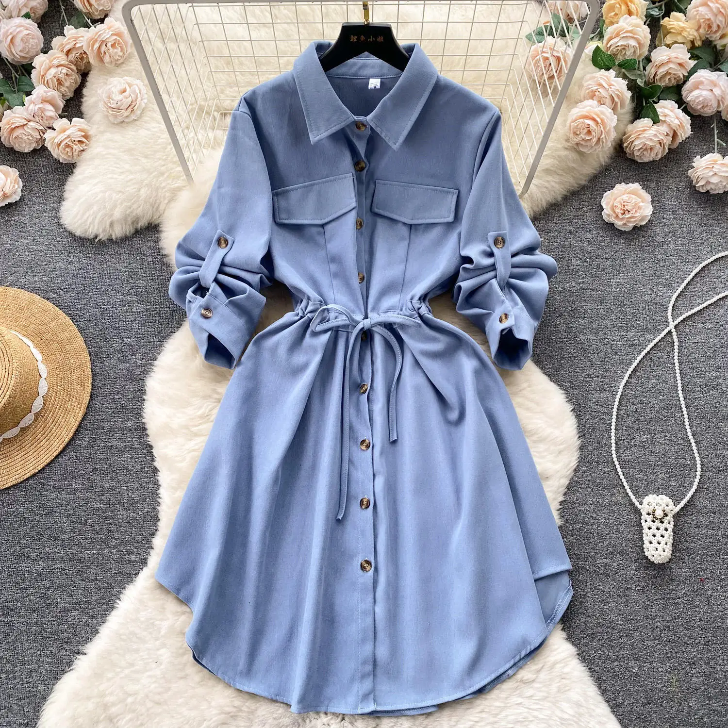 Autumn Vintage Asymmetric Tunic Slim Shirt Turn-Down Collar Midi Dress With Long Sleeves Empire Lace Dresses For Women