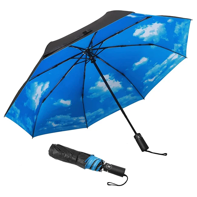 Yubo Automatic 23 inch 8 ribs blue sky digital printing umbrella black uv coating portable travel 3 fold umbrella