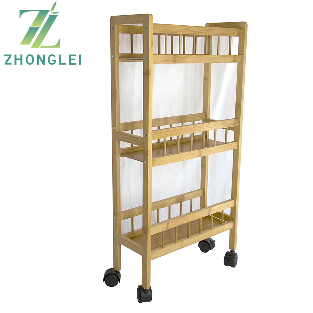 Eco-friendly Natural Bamboo Serving Rack Rolling Kitchen Trolley Cart Wood With 3 Shelves and Locking Wheels