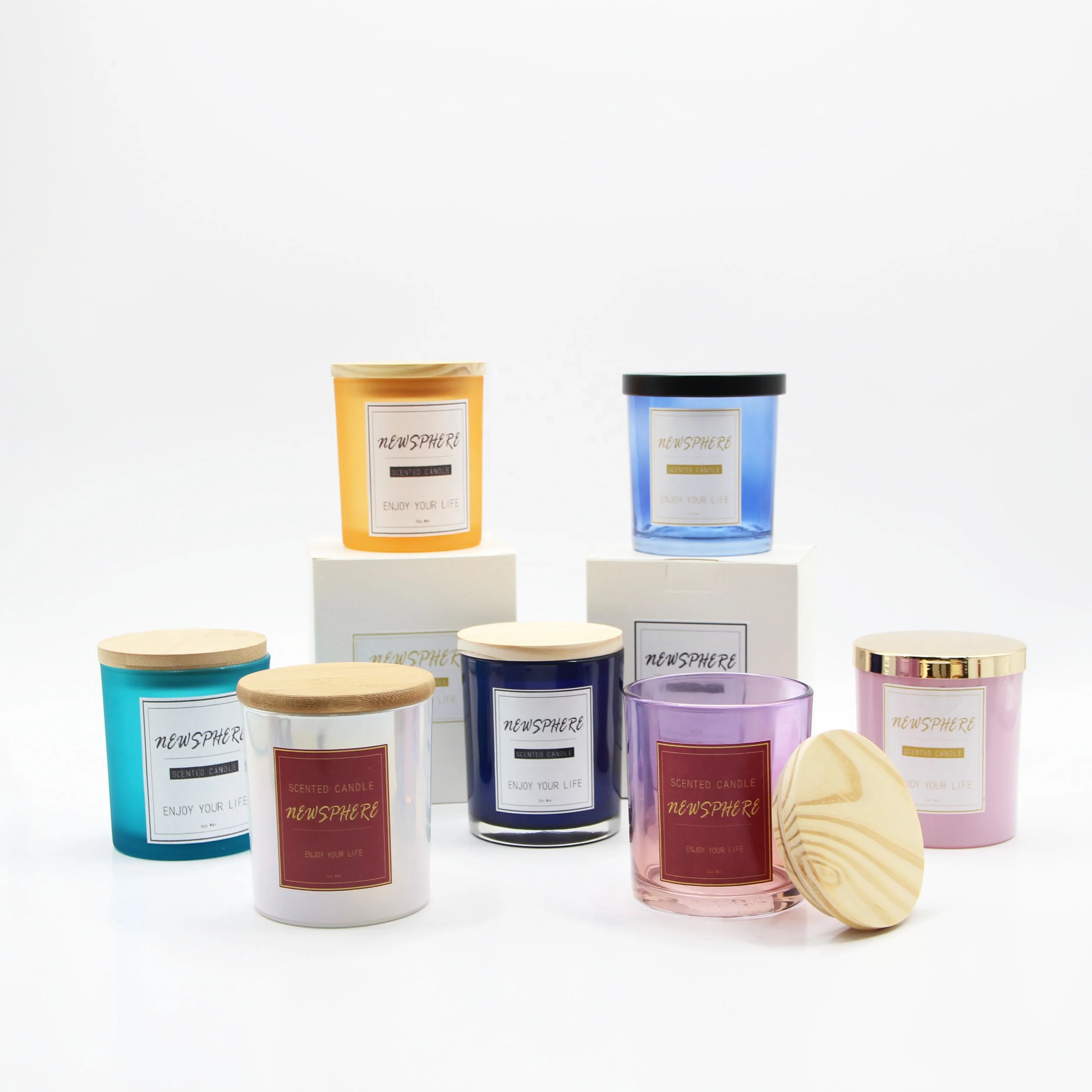 Wholesale Custom Customized Design Unique Solid Colored Frosted White 8 oz 8oz 300ml Empty Candle Jars with Wooden Lid and Box