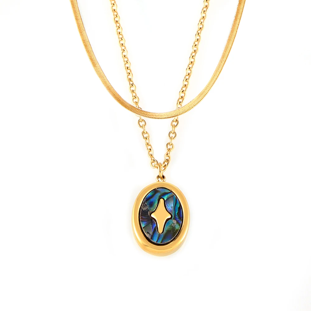 Personality elegant niche jewelry round brand pendant inlaid with color shell design sense of titanium steel necklace