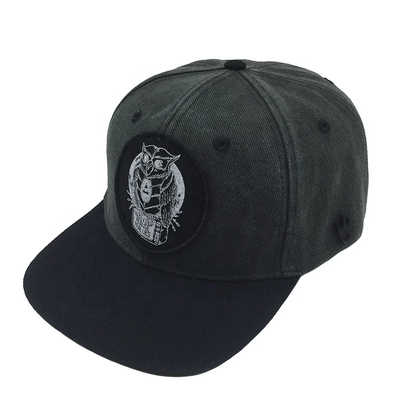 Custom Design Vintage Washed Black 6-Panel Cotton Owl Printing Patch Embroidery Flat Bill Hip Hop Snapback Cap Hat