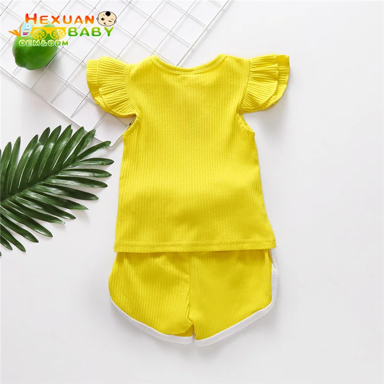  RTS solid color summer children boutique clothing sets flutter ruffle sleeve short girl
