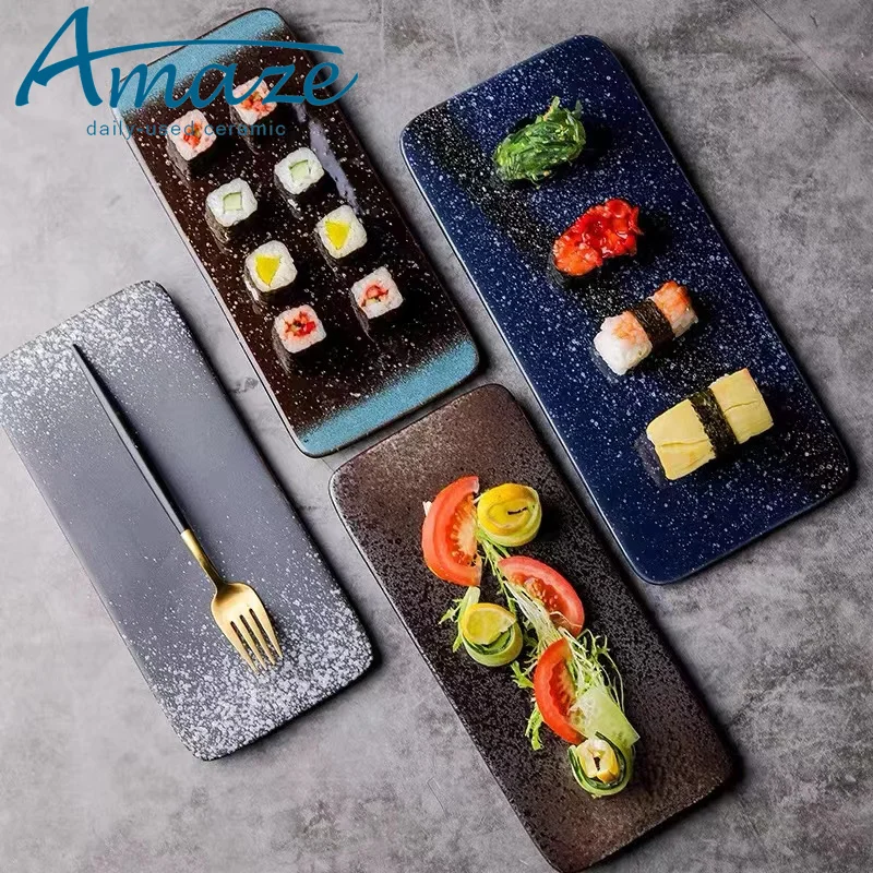 Japanese style rectangle dessert sushi serving ceramic restaurant black tray plates for sale