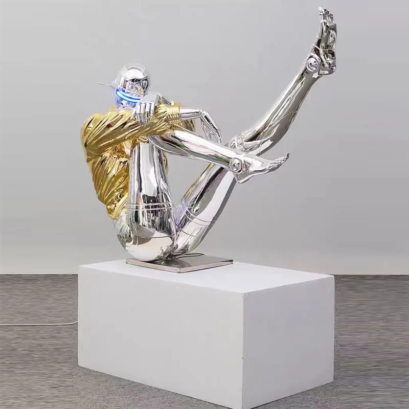 Future Technology Modern Metal Crafts Rotating LED light Robot Women Fiberglass Resin Sculptures  for indoor outdoor decor